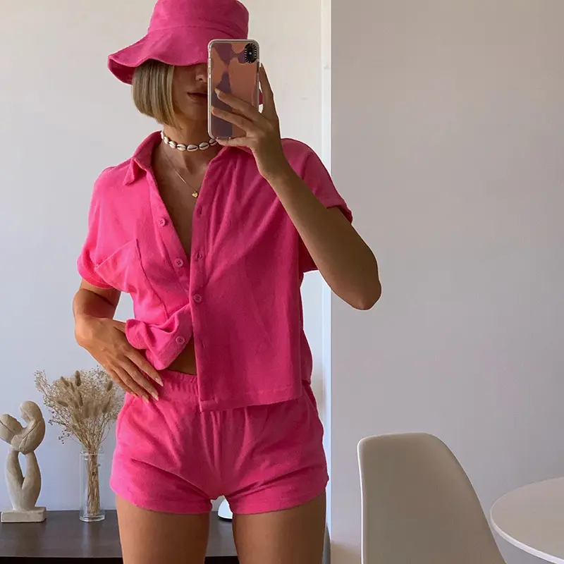 2022 She In Y2K Cozy Elegant Velvet Summer Rose Pink Lapel Short Femme Women Set 2 Pieces Shorts Outfit High Street Outfits