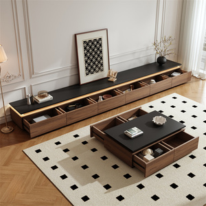 <b>Walnut</b> Wood <b>TV</b> Cabinet Floor <b>Standing</b> Storage Living Room Set Italian Minimalist Style Stone Slab Top Coffee Table Combination - Product Image 2