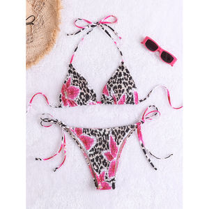 Traje de Baño de Bikini Plisado Estampado al por Mayor, Traje de Baño de Bikini Triangular Sexy con Estampado de Leopardo para Mujer - Product Image 1
