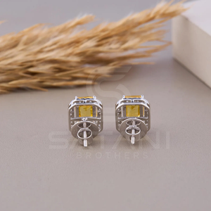 Pendientes de Botón con Halo de Circonita Cúbica Amarilla Corte Esmeralda, Plata de Ley, Joyería Elegante y Brillante para Mujer, Estilo de Regalo Atemporal - Product Image 6