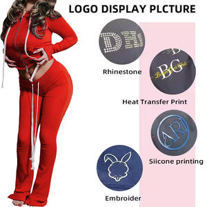 Özel Logo uzun boylu kız dostu eşofman triko Zip Hoodie ceket ve alevlendi pantolon seti Yoga setleri 2 parça Lougwear kadınlar Set - Product Image 4
