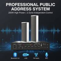 Solution audio complète pour extérieur, pack amplificateur mixeur 2 zones 200W, enceintes étanches, télécommande pour sonorisation extérieure commerciale