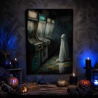 Art mural 'Ghost' pour salle de jeux rétro, toile d'arcade vintage, impression sur toile enveloppée thème néon sombre et effrayant, décoration pour Halloween, 'Man Cave' et chambre à coucher