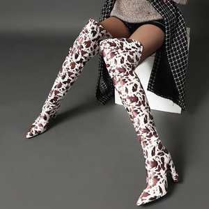 Bottes hautes pour femmes à talon épais, imprimé zèbre, grande taille 43, fermeture éclair arrière, bout pointu, bottes hautes pour l'hiver, bottes hautes pour femmes - Product Image 4