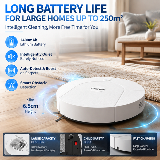 Robot Vacuum Cleaner Smart Cleaning with 6.5cm Slim Design 2400mAh Battery 90Min Runtime Auto Carpet Boost OEM Factory Supplier