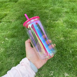 China Warehouse Iridescent Shimmer rainbow Plated Blank Sublimation 16oz <b>Beer</b> Glass Can with Colored Lids and Straw - Product Image 3