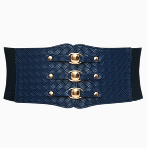 Black Elastic Wide Belt with Vintage Style Round Head Buckles Gold-Toned <strong>Studs</strong> Woven Texture for Dresses <strong>Blouses</strong> Pants-HQ Brand - Product Image 4