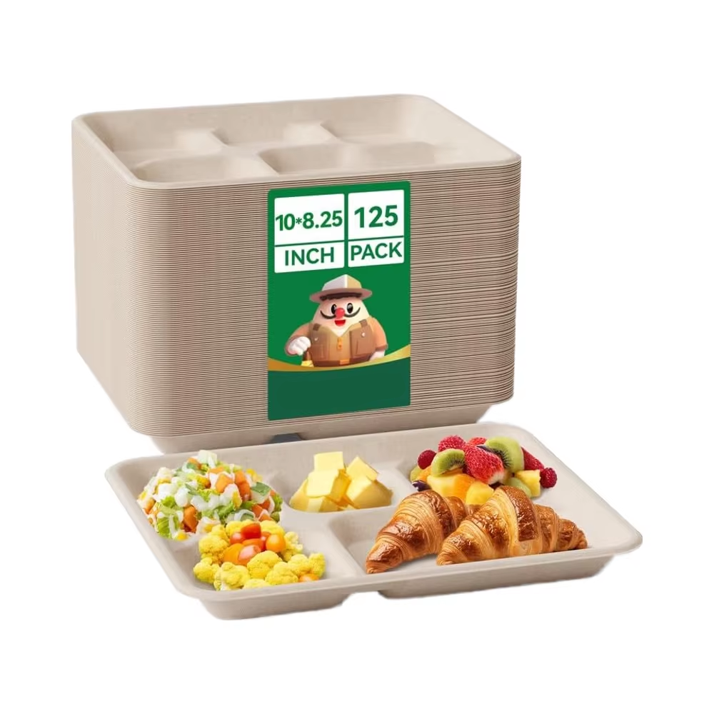 Compostable Disposable Brown Paper Plates 10*8.25in Plate Compartment for Parties Eco-Friendly Bowls