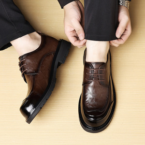 Chaussures Richelieu en Cuir Véritable pour Hommes, Bout Rond, Semelle Souple, Idéales pour Mariage, Cérémonie, Automne, Affaires, Noires, à Lacets, Style Uni - Product Image 2