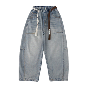 Jeans en denim souple décontractés à jambe droite pour garçons, <span class=keywords><strong>taille</strong></span> élastique respirante, délavage sable, pour enfants et adolescents, printemps-automne - Product Image 6