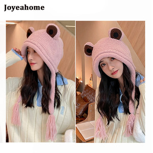 Bonnet d'<span class=keywords><strong>hiver</strong></span> pour <span class=keywords><strong>femme</strong></span> en 100% coton, bonnet en tricot doux avec oreilles de grenouille, avec cordon, non extensible, tissu commun - Product Image 1