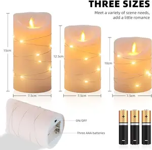 Pink Set Of 3 Battery Operated Moving Flame Flickering Warm Yellow LED Remote Control LED Candles With A Small Light String