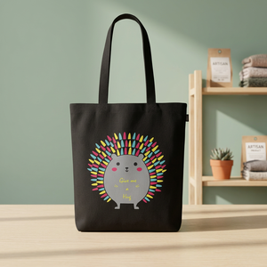 Bolsa de tela con dibujo de erizo, color negro, con asa larga, reutilizable, tamaño mediano - Product Image 1