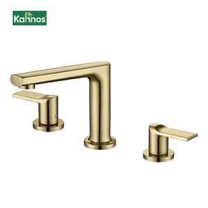 3 Hole Widespread Basin Faucet <b>Brushed</b> Gold Double Handle High Arc Spout 8 Inch Spread Hot/Cold Water Mixer Hotel Grade Ceramic - Product Image 1