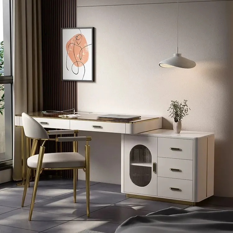 Bureau en verre moderne fantaisie Table d'appoint de bureau en acier inoxydable marbré Table de bureau d'angle pour la maison