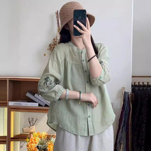 Chinese Style Embroidered Shirt Women Linen Three Quarter Sleeve Loose Fit Everyday Wear Green - Product Image 1