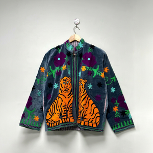 Premium Gray <b>Velvet</b> Suzani Embroidered <b>Jacket</b> with Tiger Pattern Full Sleeve Stand Collar Bohemian <b>Women's</b> Autumn Outerwear - Product Image 1