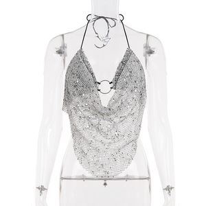 Club Party <b>Sequin</b> Sparkle Draped Neck Halter <b>Top</b> Sexy Backless Tie Up Irregular Vest - Product Image 6