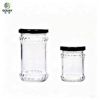 Bouteille en verre ronde de 200 ml, 220 ml, 280 ml pour sauce chili au bœuf, emballage alimentaire, pot à cornichons avec couvercle en métal noir – Vente en gros