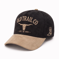 Casquette de baseball en daim à 5 panneaux, style western vintage, bicolore, avec logo brodé 3D personnalisé, type A-Frame, style cowboy et country, snapback, trucker