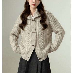 Cárdigan de Punto Grueso Suave Color Crema para Mujer, Otoño Invierno 2026, Venta al por Mayor, con Botones de Palanca, Cuello con Muescas, Estilo Oversize Retro - Product Image 1