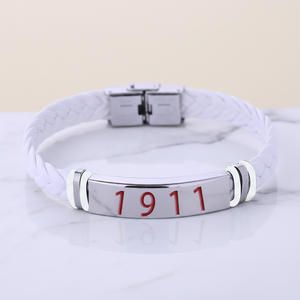 Hochwertiger Edelstahl-Armreif mit Lederdetails im griechischen Kappa-<span class=keywords><strong>KAY</strong></span>-Stil, rot-weiß getönt, mit 1911-Symbol für Bruderschaften - Product Image 2