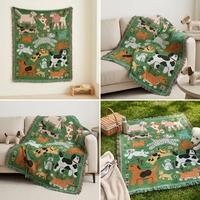 Selimut Tenun Motif Anjing Kartun Lucu, Selimut Permadani Rumbai Bunga Latar Belakang Hijau untuk Tempat Tidur Sofa Dekorasi Rumah