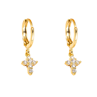 Boucles d'oreilles créoles mini classiques dorées avec croix pendante, pavées de petits zircons cubiques transparents, bijoux d'oreille tendance pour femmes, vente en gros