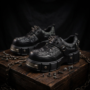 2026 Men Gothic Chunky Shoes Jacquard Upper Metal Spike Rivet Decor Buckle Strap Lace‑Up Design <b>Block</b> Chunky Sole Punk Men Shoes - Product Image 1