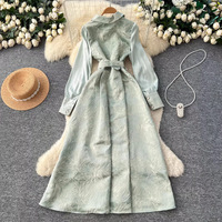 Robe trapèze chic vintage en jacquard de polyester, style français, pour femme, avec manches lanternes, taille cintrée et col en V