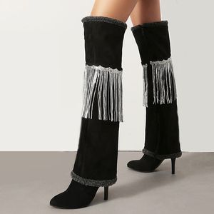 Bottes hautes à franges pour femme, grande taille 45, en daim et fourrure, à revers, bout pointu, talons aiguilles - Product Image 1