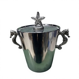 Seau à glace rond en acier inoxydable avec poignées en forme de hippocampe et couvercle en forme d'étoile de mer, design côtier, pour la maison, le bar ou les fêtes, dernière nouveauté - Product Image 1
