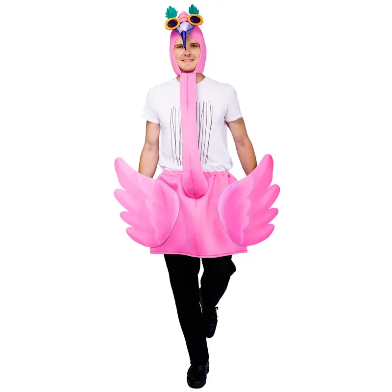 Pakaian Jumpsuit Cosplay Flamingo dewasa uniseks gaun mewah pesta maskot PVC untuk permainan peran Purim kostum hewan Flamingo