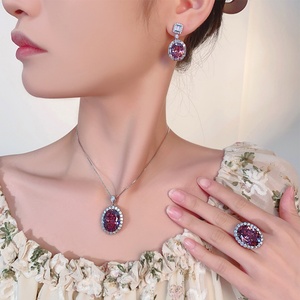 Fashion Eco-friendly Copper Gold Plated 15*20mm Zircon Pendant <b>Earrings</b> Set Big Shiny Stone Jewellery Set for Womens - Product Image 6