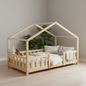 <span class=keywords><strong>Letto</strong></span> Tradizionale a Casetta per <span class=keywords><strong>Cameretta</strong></span> Bambini con Barriera di Sicurezza, Struttura in Legno di Pino 80 x 160 cm, Naturale - Product Image 4