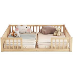 Muebles Resistentes para Guardería, <span class=keywords><strong>Cama</strong></span> <span class=keywords><strong>Doble</strong></span> Individual de Piso, Marcos de <span class=keywords><strong>Cama</strong></span> <span class=keywords><strong>Doble</strong></span> Individual, <span class=keywords><strong>Cama</strong></span> <span class=keywords><strong>Montessori</strong></span> de Madera Natural para 2 Niños con Barandillas de Protección - Product Image 1