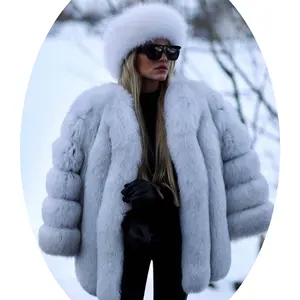 Moda tasarım zarif cilt dostu yumuşak ipek uzun stil tilki kürk ceket kalın gerçek tilki kürk ceket kadınlar için