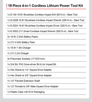 Kit combiné perceuse-visseuse à chocs sans fil 4-en-1 sans balais avec batterie au lithium et chargeur, 19 pièces