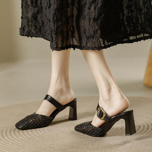 Women's Black Mule Heels Satin Upper with Metal Buckle Strap Thin Heel Breathable Summer Wedding Shoes Fashionable Occasions - Product Image 6