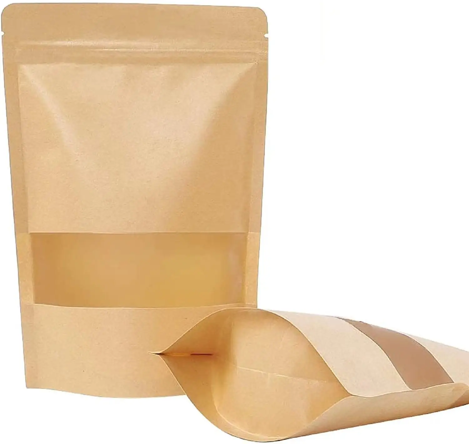 Opstaande Rits Bruin Kraftpapier Hersluitbare Warmte Afsluitbare Voedselopslag Doypack Verpakking Zakjes Met Doorzichtig Venster