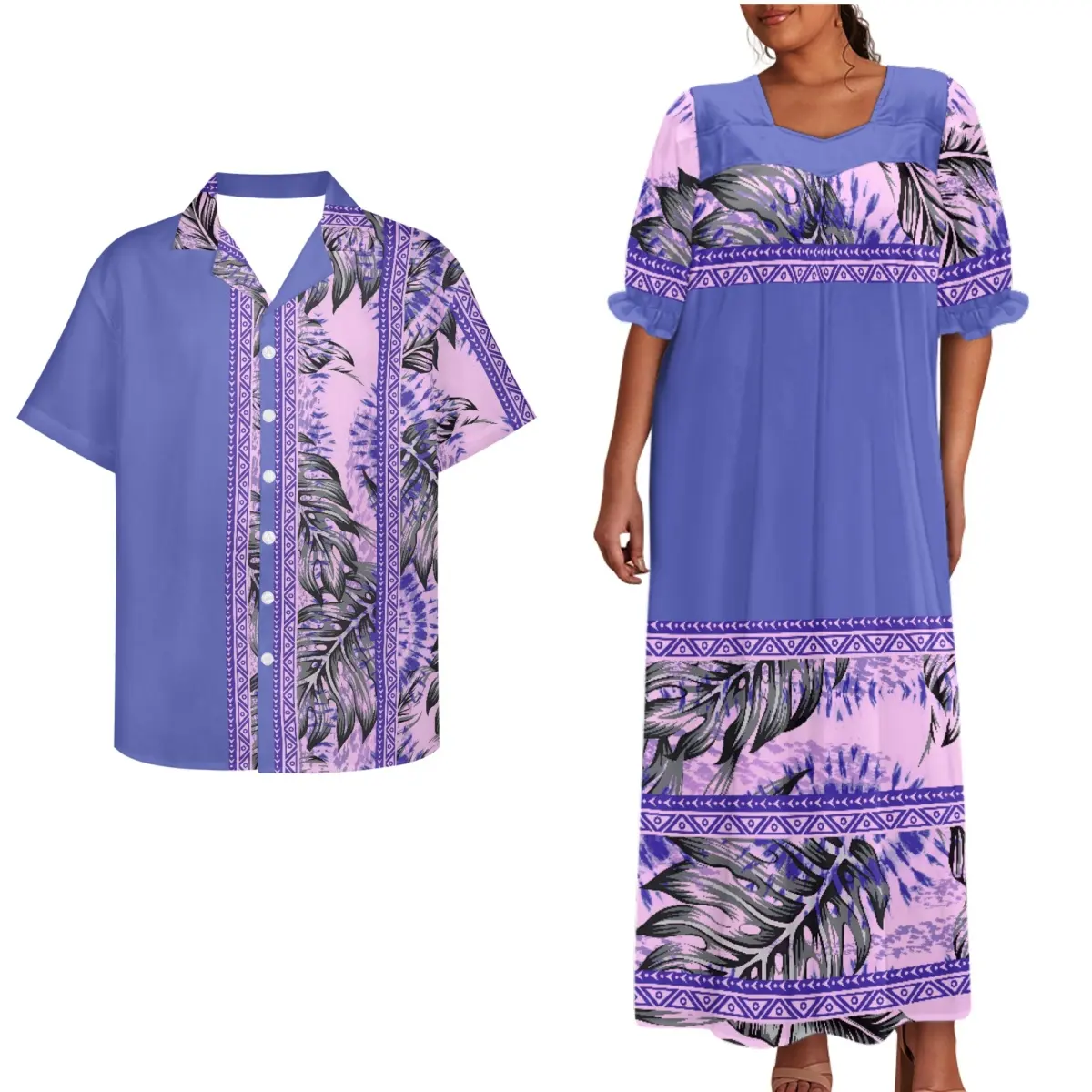 昇華カップル服ポリネシアのマイルの葉プリントプラスサイズカスタマイズされた女性半袖ドレスマッチメンズシャツ
