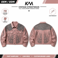 Blouson Trucker Unisexe à Revers Court, Blocs de Couleurs, Effet Daim, Délavé Vintage, Broderie, Strass, Perles, Personnalisation Disponible