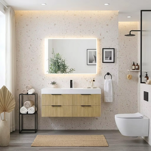 Mueble de <span class=keywords><strong>Baño</strong></span> Flotante Minimalista con Acabado Acanalado, Mueble de Lavabo de Pared con 4 Cajones y Encimera Integrada <span class=keywords><strong>para</strong></span> <span class=keywords><strong>Baño</strong></span> - Product Image 3