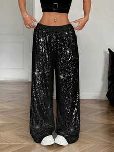 OEM Custom Women's Sequin <strong>Black</strong> Pants With Elastic Waist <strong>Sparkly</strong> Straight Leg Pants Party Casual Translucent Glitter <strong>Trousers</strong> - Product Image 2