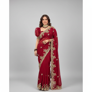 Fancy Georgette Embroidery Thread Work Saree and Unstitched Blouse in <b>Maroon</b> Color - Product Image 2