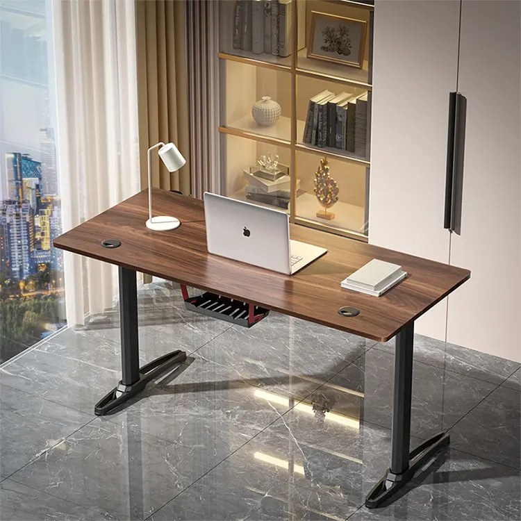 Muebles de oficina de 32 pulgadas de madera de nogal marrón, almohadilla de aluminio con tapa ligera, estación de trabajo ajustable en altura, escritorio de ordenador