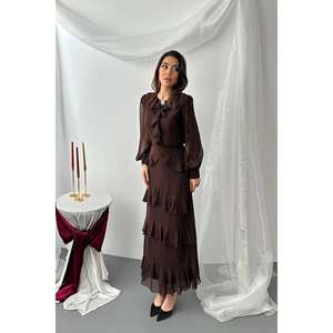 Ensemble de robes de soirée en mousseline de soie marron à volants en gros - Product Image 5