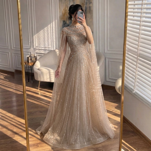 Serene Hill LA73756 Abito da Sera di Lusso in Tulle con Collo Alto e Perline Color Caramello, Linea A con Mantella per Occasioni Speciali 2026 - Product Image 1
