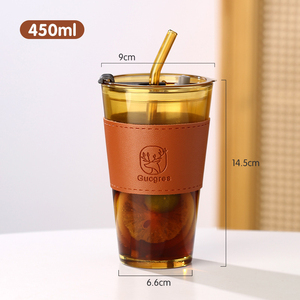 Premium 400 ml Accueil Extérieur Verre Cola Jus Boisson Froide Gobelet Bouteilles D'<span class=keywords><strong>eau</strong></span> avec Couvertures Paille et <span class=keywords><strong>Gaine</strong></span> En Cuir - Product Image 5
