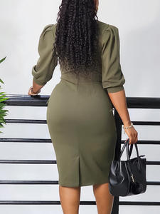 Robe <span class=keywords><strong>Crayon</strong></span> Midi pour Femme Tenue <span class=keywords><strong>de</strong></span> Travail Tendance Robe d'Église Élégante à Col Rond et Taille Haute <span class=keywords><strong>de</strong></span> <span class=keywords><strong>Couleur</strong></span> Unie Plissée - Product Image 3